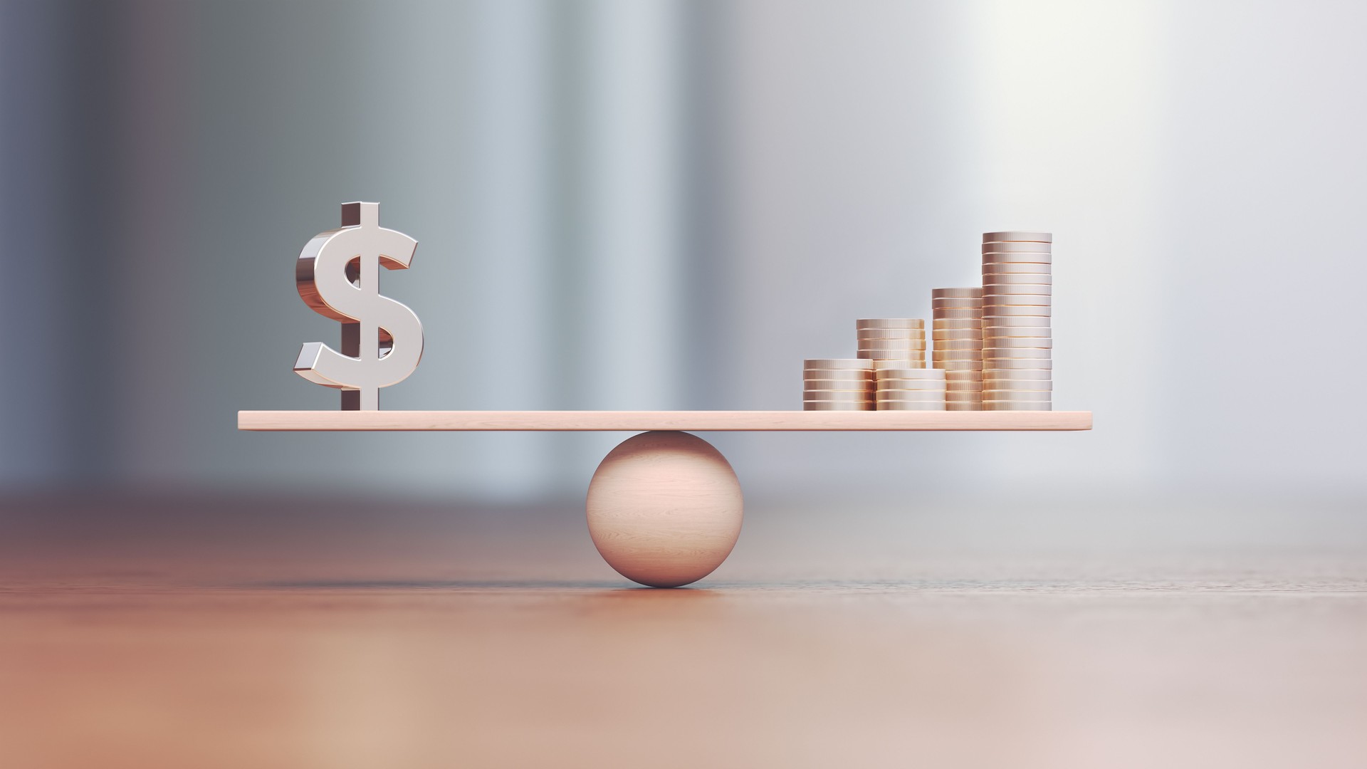 Dollar symbol and metal coins on Wooden Balance Scale Depth Of Field